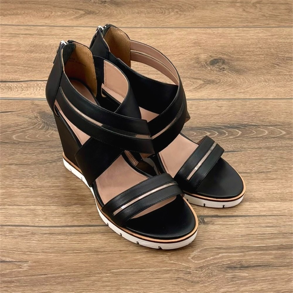 Linea Paolo Women's Size 10 Black Leather Wedge Sandals Strappy Zip Comfort
